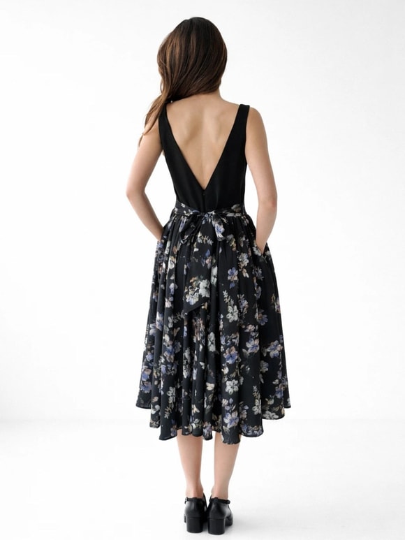 Retrobird 50s Belle Corset Siyah Menekşe Midi Elbise