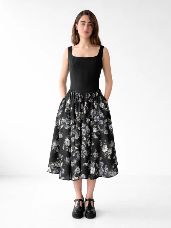 Retrobird 50s Belle Corset Siyah Menekşe Midi Elbise