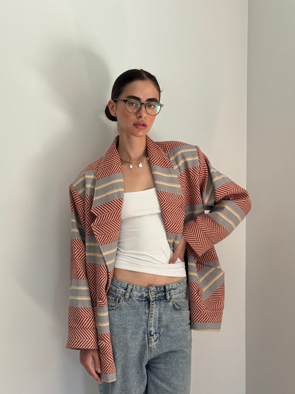 Retrobird 90'lar Retro Model Açık Kiremit Oversize Tasarım Ekose Ceket