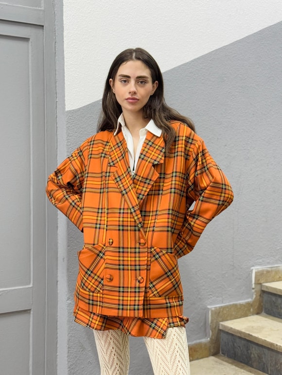 Retrobird 90'lar Retro Model Açık Kiremit Ekoseli Oversize Tasarım Ekose Ceket