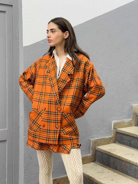 Retrobird 90'lar Retro Model Açık Kiremit Ekoseli Oversize Tasarım Ekose Ceket