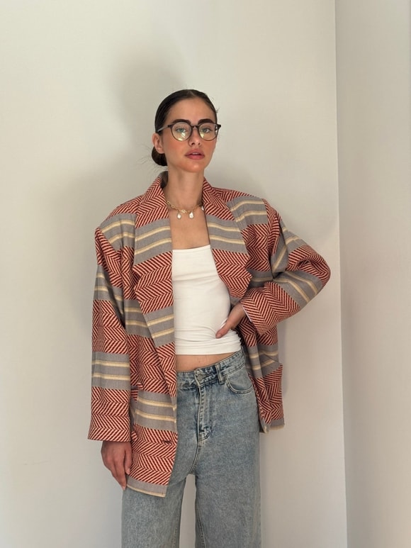 Retrobird 90'lar Retro Model Açık Kiremit Oversize Tasarım Ekose Ceket
