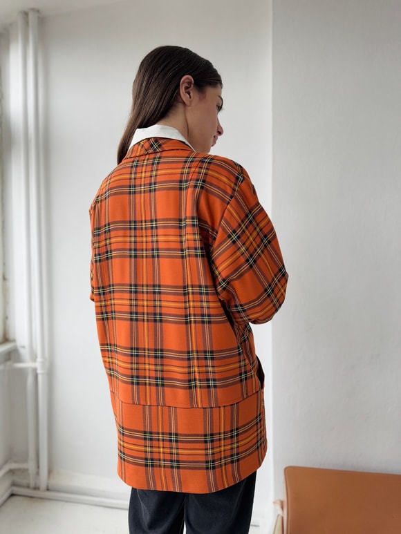 Retrobird 90'lar Retro Model Açık Kiremit Ekoseli Oversize Tasarım Ekose Ceket