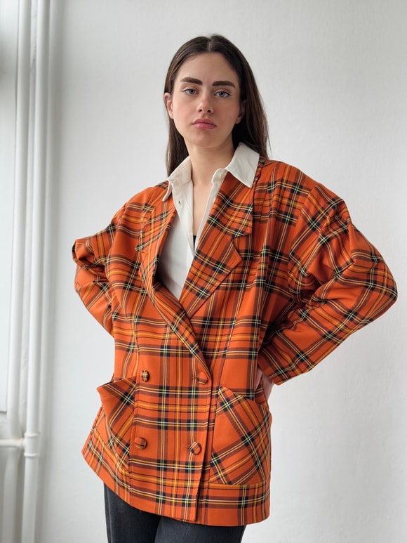 Retrobird 90'lar Retro Model Açık Kiremit Ekoseli Oversize Tasarım Ekose Ceket