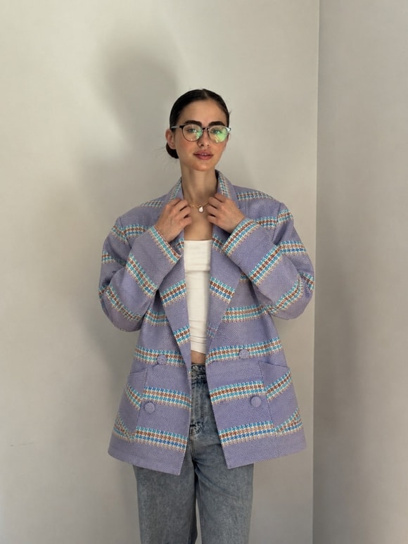 Retrobird 90'lar Retro Model Eflatun Oversize Tasarım Ekose Ceket