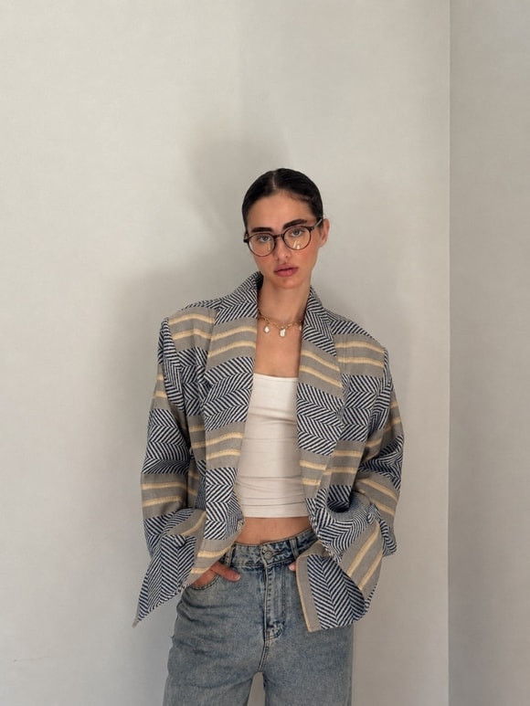 Retrobird 90'lar Retro Model Lacivert-Krem Oversize Tasarım Ekose Ceket