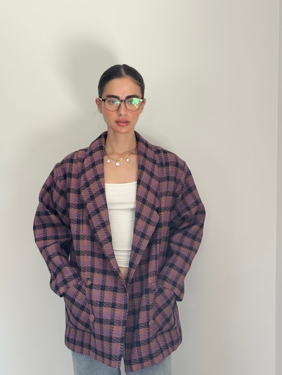Retrobird 90'lar Retro Model Lila Oversize Tasarım Ekose Ceket