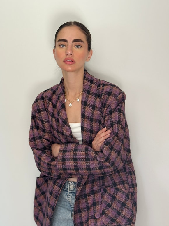 Retrobird 90'lar Retro Model Lila Oversize Tasarım Ekose Ceket