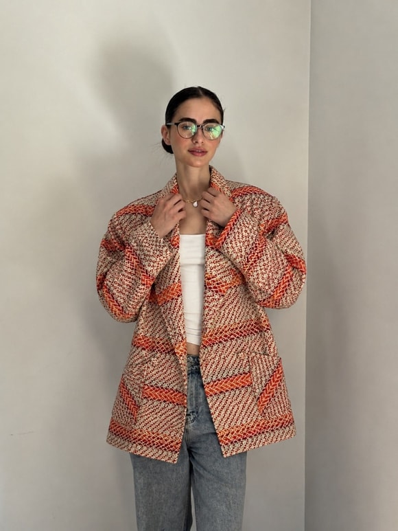 Retrobird 90'lar Retro Model Mercan Oversize Tasarım Ekose Ceket