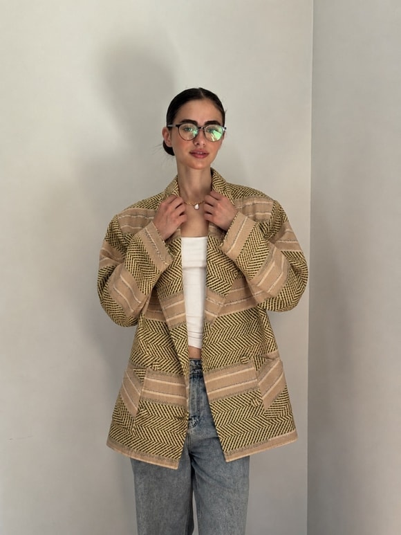 Retrobird 90'lar Retro Model Zeytin Renkli Oversize Tasarım Ekose Ceket