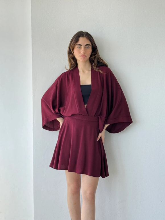 Retrobird Bordo Tasarım Boho Mini Kimono
