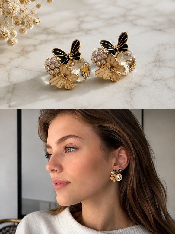Retrobird Celeste Kelebek Detaylı Gold Renkli Vintage Style Tasarım Küpe