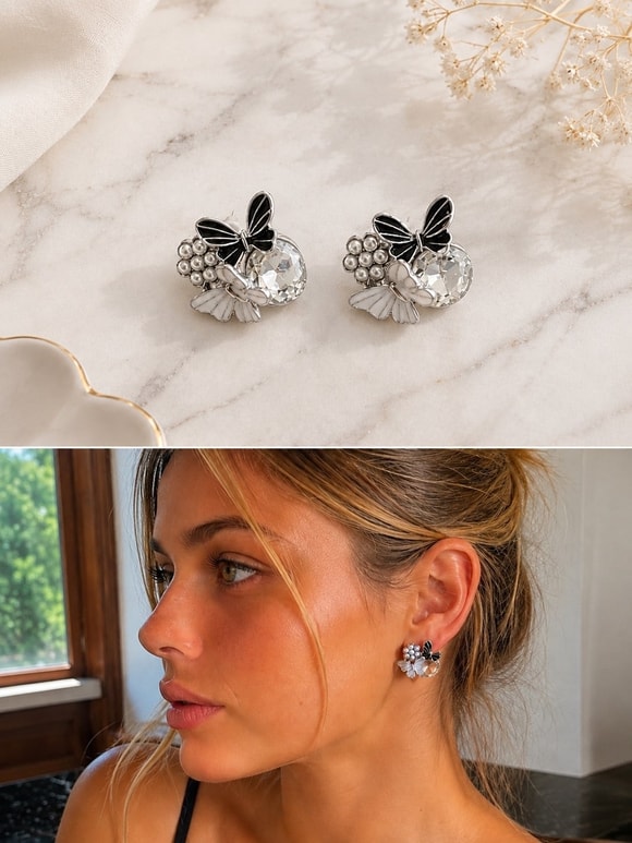 Retrobird Celeste Kelebek Detaylı Silver Renkli Vintage Style Tasarım Küpe