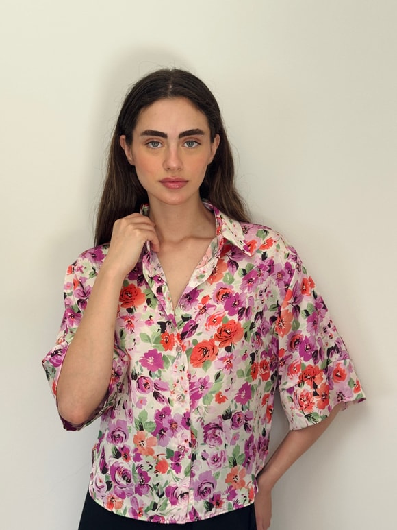 Retrobird Çok Renkli Retro Model Bol Kısa Kol Kadın Gömlek
