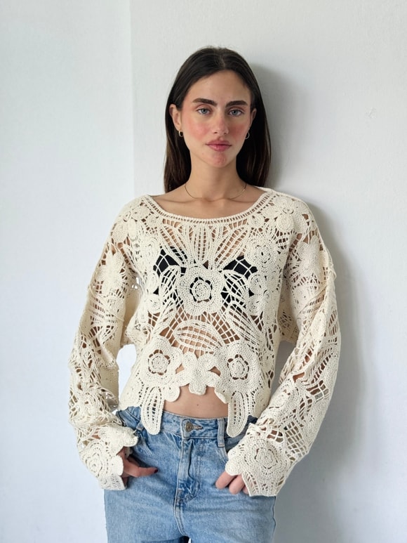 Retrobird Colette Çiçek Motifli Ajurlu Krem Kroşe Kazak