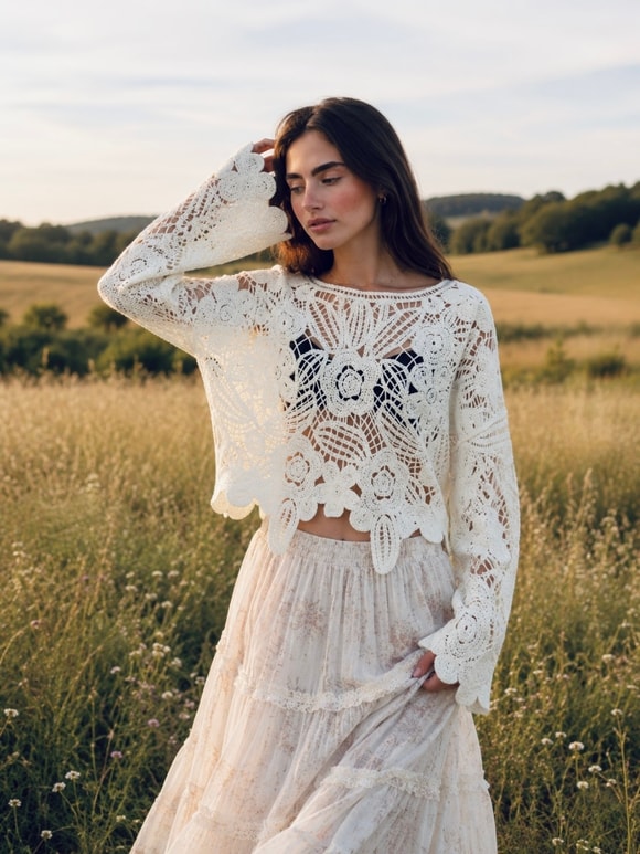 Retrobird Colette Çiçek Motifli Ajurlu Ekru Kroşe Kazak