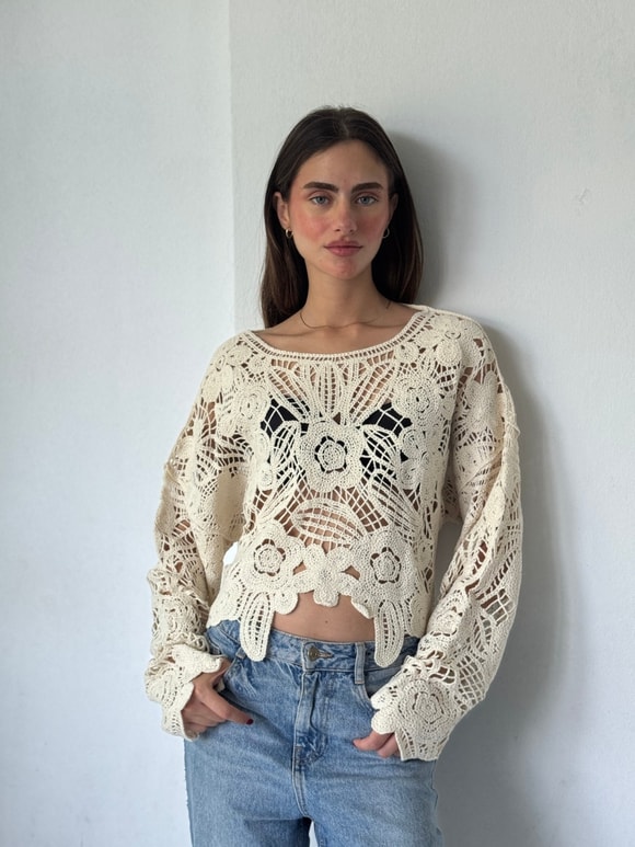 Retrobird Colette Çiçek Motifli Ajurlu Krem Kroşe Kazak