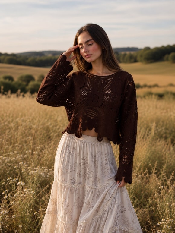 Retrobird Colette Çiçek Motifli Ajurlu Kahverengi Kroşe Kazak