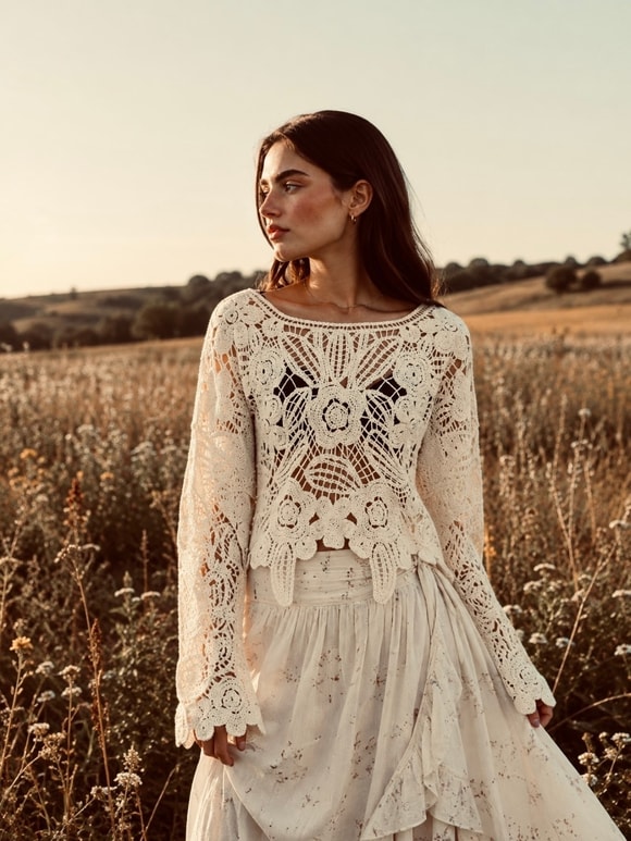 Retrobird Colette Çiçek Motifli Ajurlu Krem Kroşe Kazak