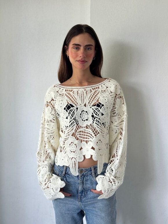 Retrobird Colette Çiçek Motifli Ajurlu Ekru Kroşe Kazak