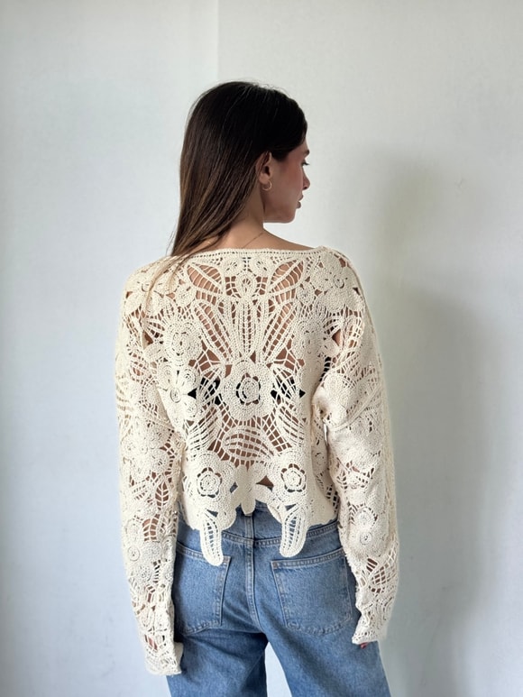 Retrobird Colette Çiçek Motifli Ajurlu Krem Kroşe Kazak