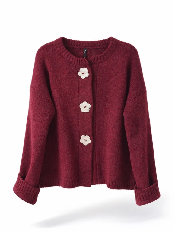Retrobird Daisy Bloom Bordo Çiçek Düğmeli Hırka