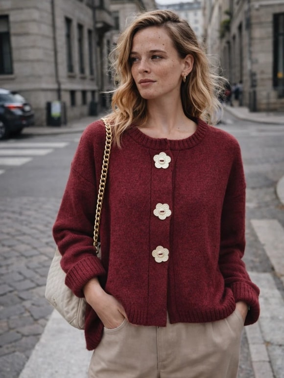 Retrobird Daisy Bloom Bordo Çiçek Düğmeli Hırka