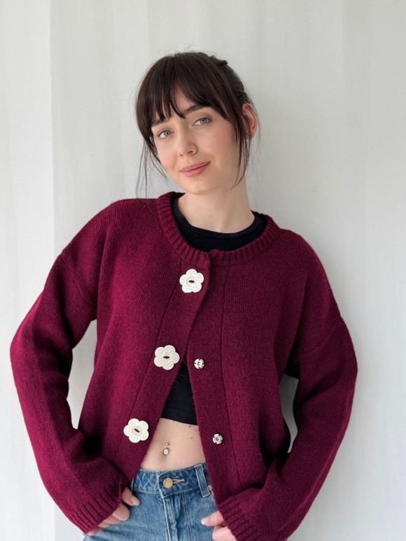 Retrobird Daisy Bloom Bordo Çiçek Düğmeli Hırka