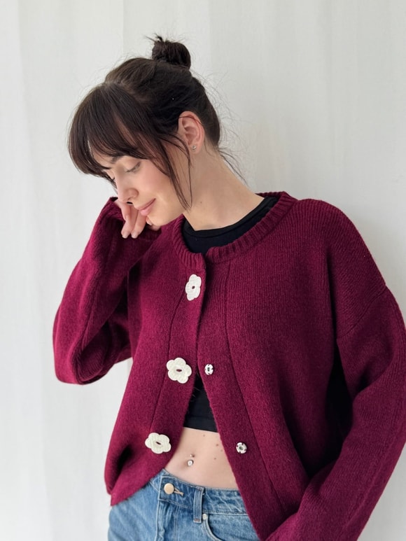Retrobird Daisy Bloom Bordo Çiçek Düğmeli Hırka
