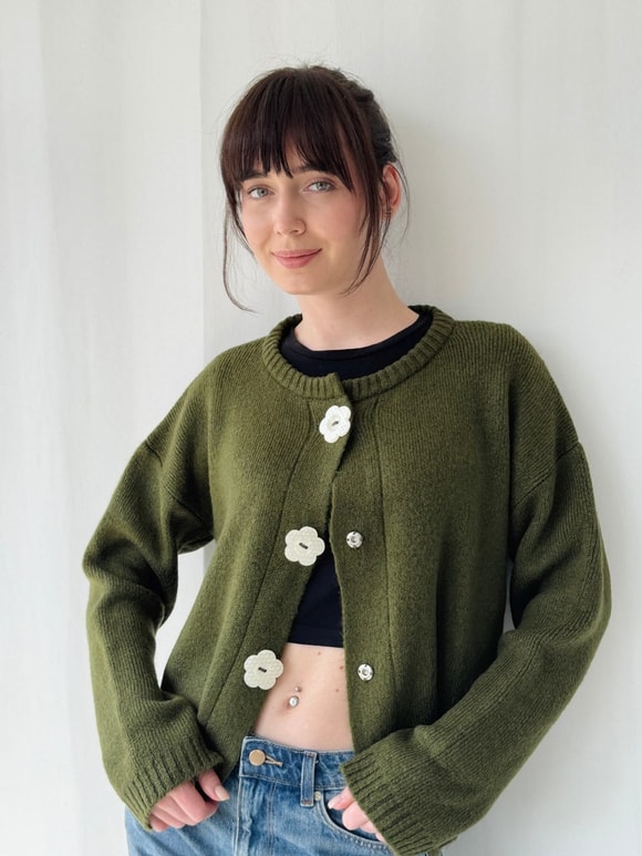 Retrobird Daisy Bloom Haki Çiçek Düğmeli Hırka