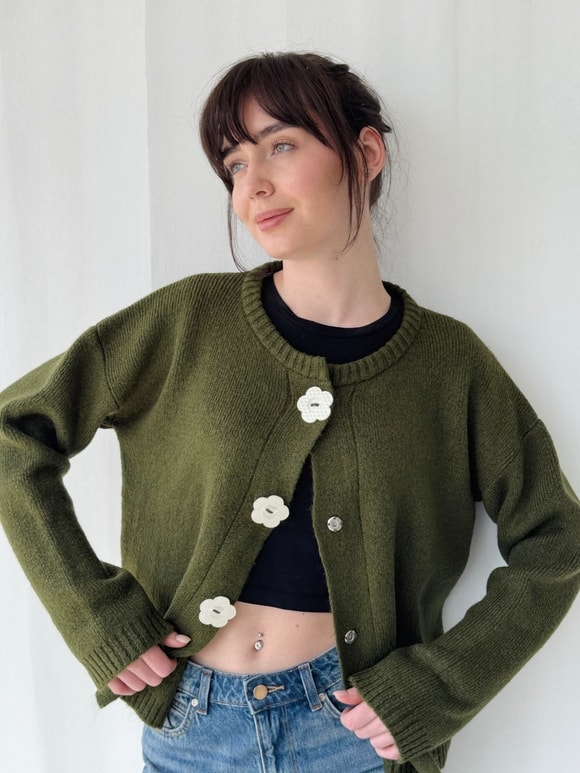 Retrobird Daisy Bloom Haki Çiçek Düğmeli Hırka