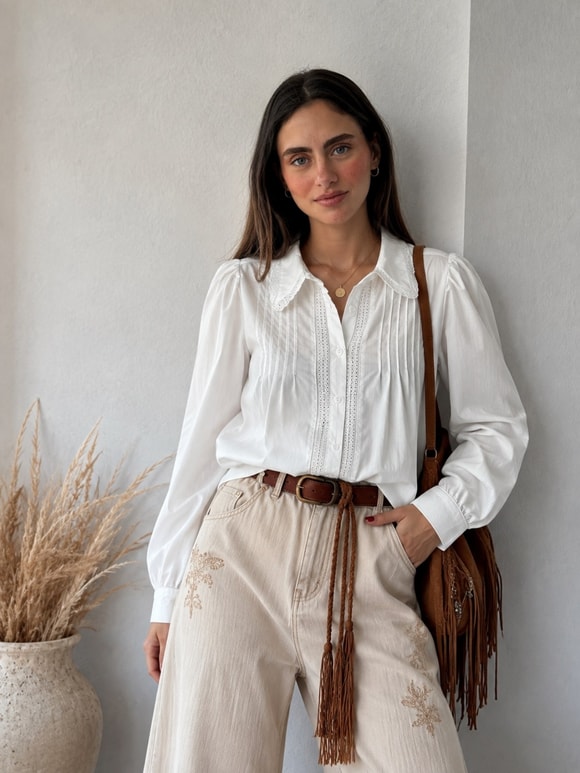 Retrobird Edith Fisto Detaylı Pilili Beyaz Gömlek
