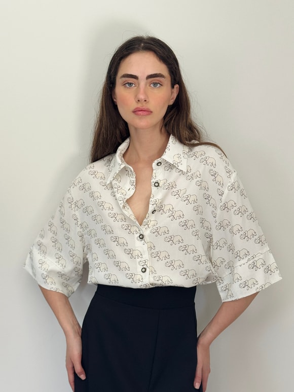 Retrobird Bej Retro Model Bol Kısa Kol Kadın Gömlek