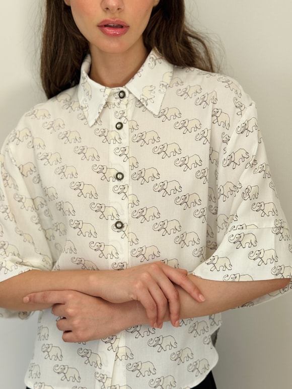 Retrobird Bej Retro Model Bol Kısa Kol Kadın Gömlek