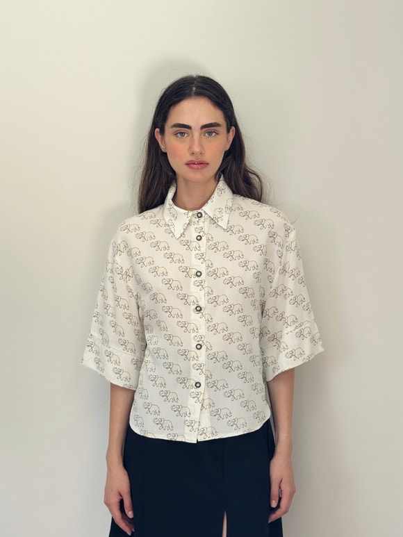 Retrobird Bej Retro Model Bol Kısa Kol Kadın Gömlek