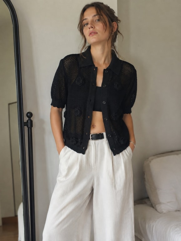 Retrobird Fleur Çiçek Aplikeli Siyah Triko Hırka