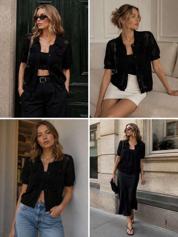 Retrobird Fleur Çiçek Aplikeli Siyah Triko Hırka