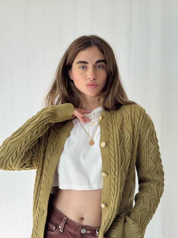 Retrobird Gold Düğmeli Ajurlu Olive Hırka