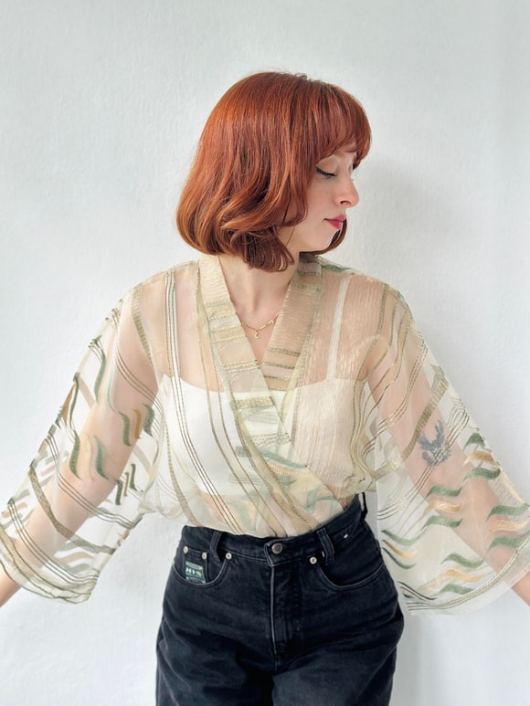 Retrobird Haki Renkli Organze Tasarım Mini Kimono