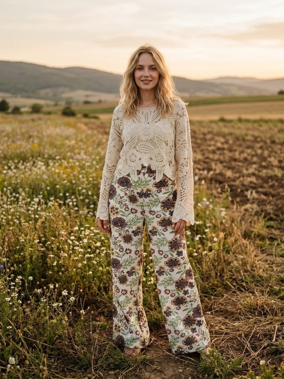 Retrobird Josie Retro Çiçek Desenli Geniş Paça Çok Renkli Pantolon