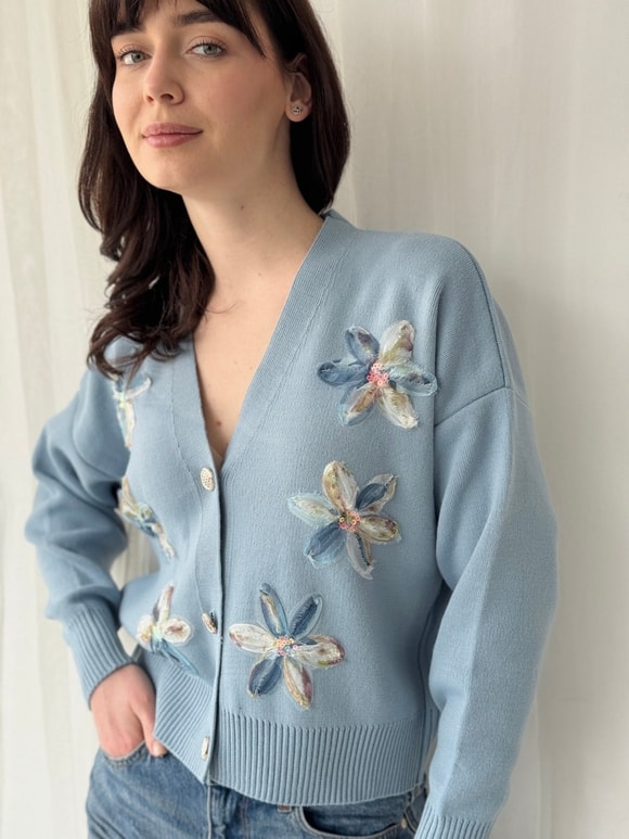 Retrobird Kabartma Aplike İşlemeli Mavi Romantik Hırka