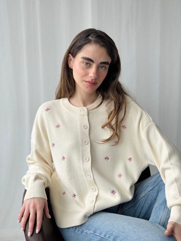 Retrobird Krem Lila Nakış İşlemeli Romantik Hırka