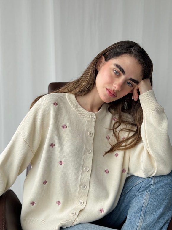 Retrobird Krem Lila Nakış İşlemeli Romantik Hırka