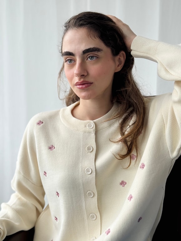 Retrobird Krem Lila Nakış İşlemeli Romantik Hırka