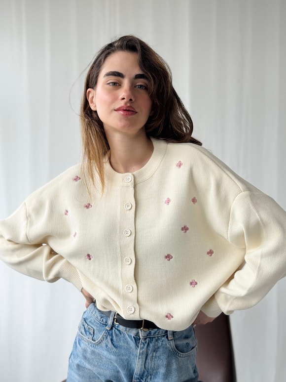 Retrobird Krem Lila Nakış İşlemeli Romantik Hırka