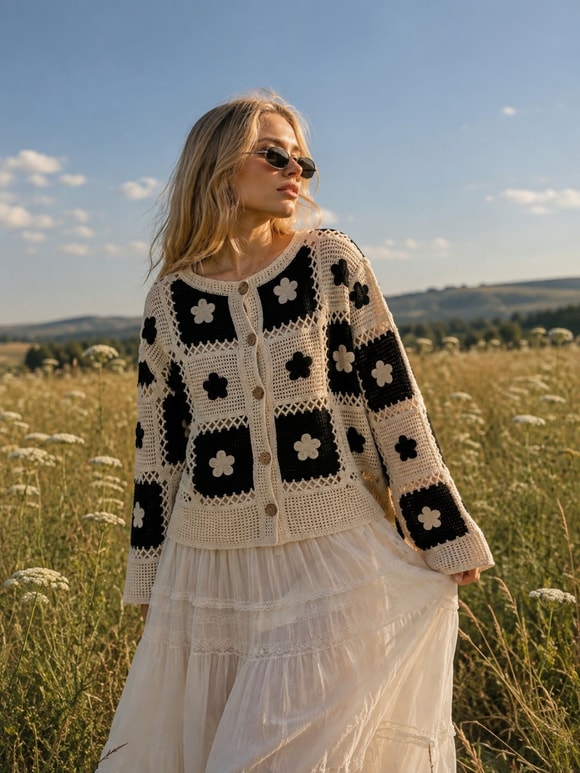 Retrobird Lottie Çiçek Motifli Düğmeli Krem - Siyah Kroşe Hırka