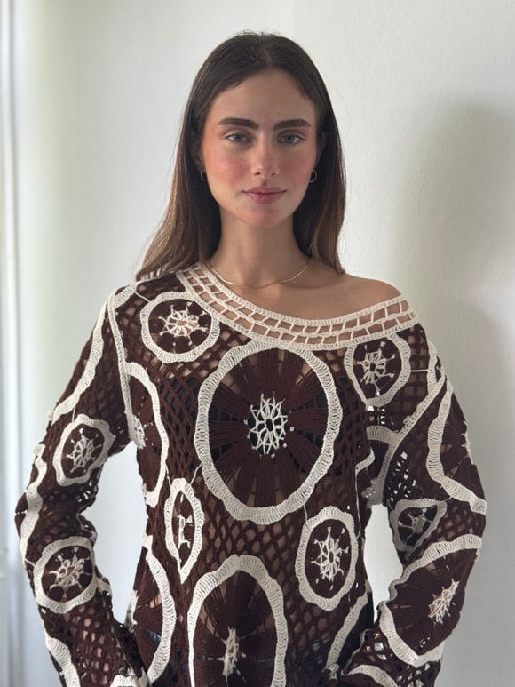 Retrobird Mabel Kroşe Motifli Kızıl Kahve Ajurlu Kazak