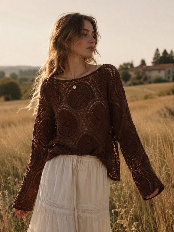 Retrobird Mabel Mandala Motifli Ajurlu Kahverengi Kroşe Kazak