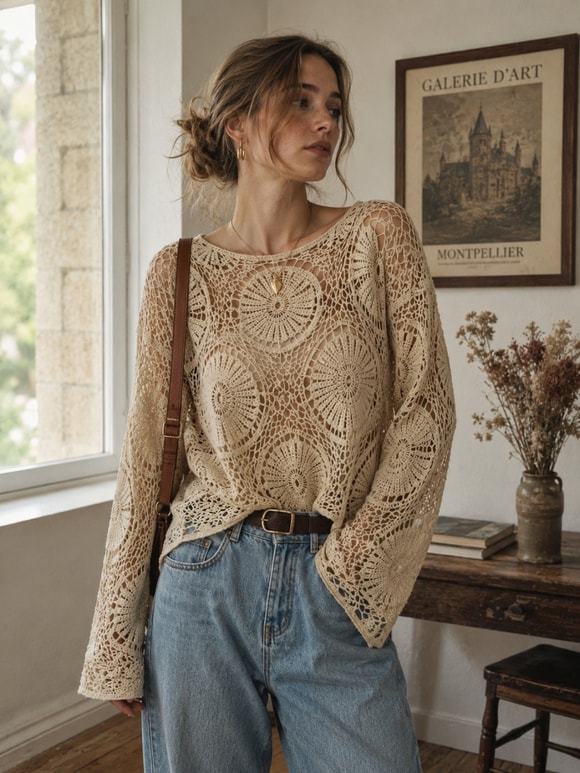 Retrobird Mabel Mandala Motifli Ajurlu Krem Kroşe Kazak