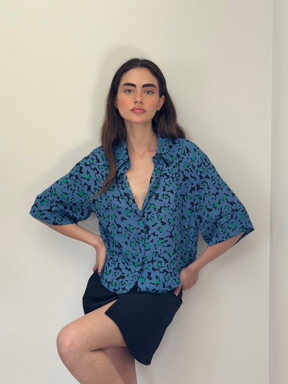 Retrobird Mavi Retro Model Bol Kısa Kol Kadın Gömlek